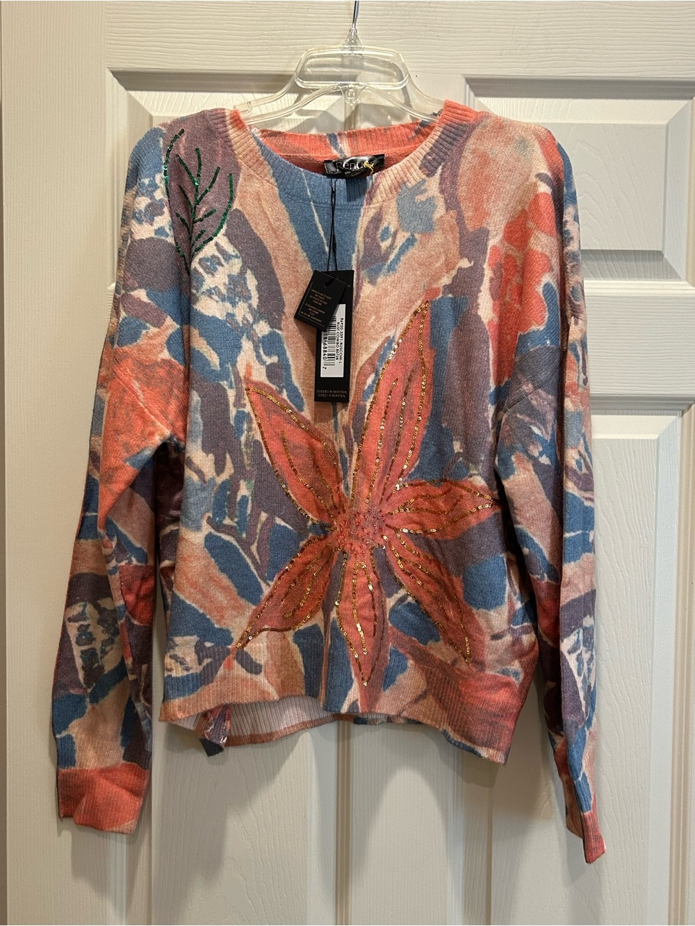 Renuar Floral Crewneck Sweater in Coral and Blue
